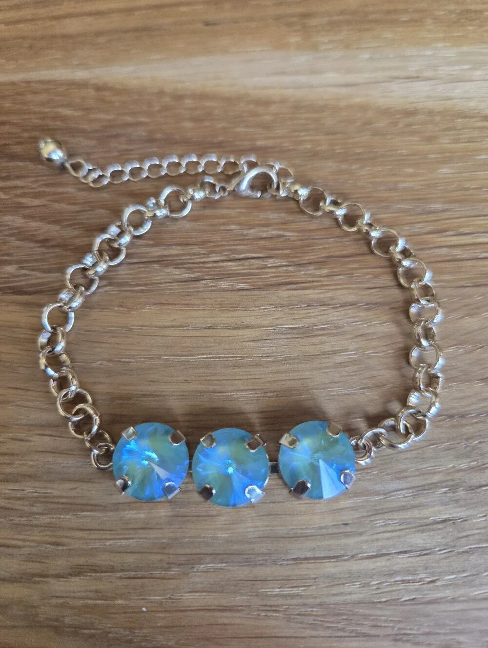 Blue / Green Sparkly Crystals Gold Rolo Chain Bracelet - Hand Crafted